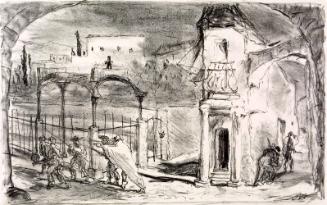 Don Giovanni, als Leporello verkleidet, schlickt die erbosten Bauern fort