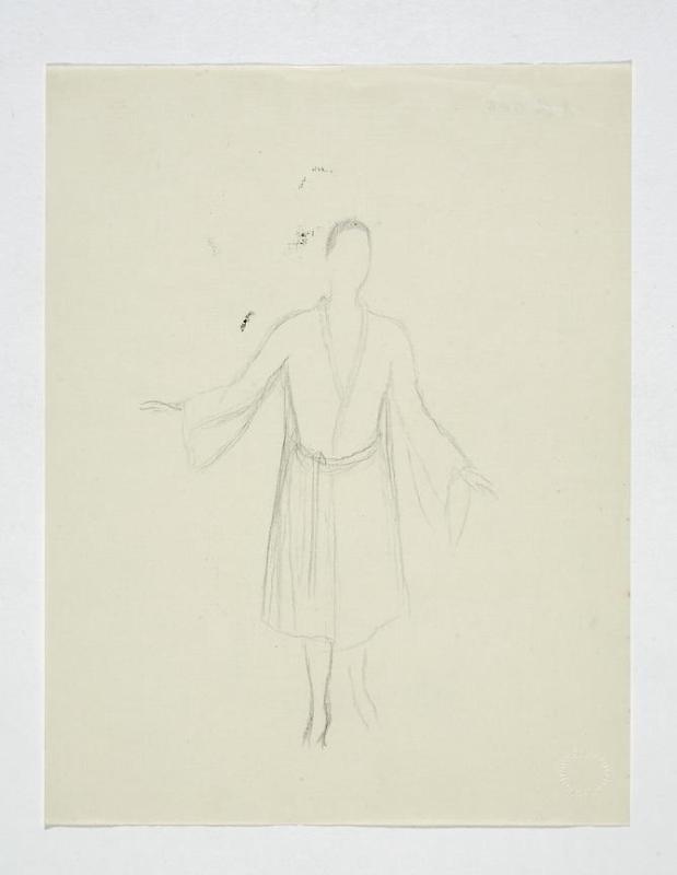 Frau in ganzer Figur von vorne, mit angehobenem Arm