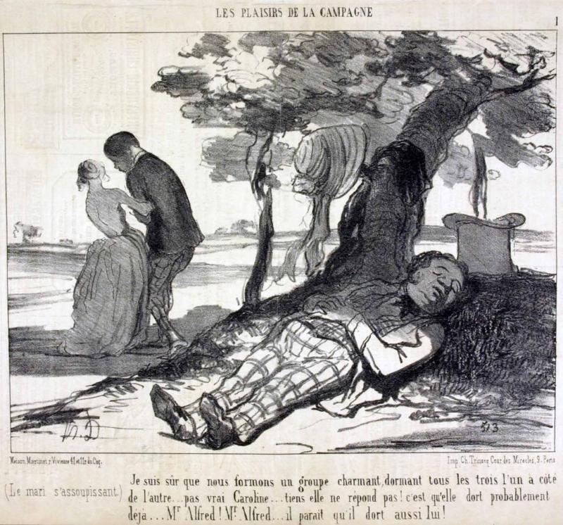 (Le mari s'assoupissant.) Je suis sûr que nous formons un groupe charmant, dormant tous les trois l'un à côté de l'autre... pas vrai Caroline... tiens elle ne répond pas! c'est qu'elle dort probablement déjà... Mr. Alfred! Mr. Alfred... il paraît qu'il dort, aussi lui!