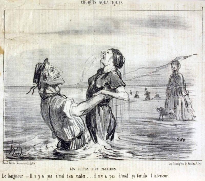 Les suites d’un plongeon. Le Baigneur. – Il n’y a pas d’mal d’en avaler ... il n’y a pas d’mal, ça fortifie l’intérieur!