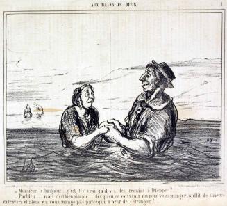 Monsieur le baigneur ...., c'est t'-y vrai qu'il ya des requins à Dieppe ? ... - Parbleu ....... mais c'est bien simple,.... dès qu'on en voit venir un pour vous manger, suffit de s'mettre en travers et alors y n'vous mange pas parce quil a peur de s'étrangler !.......