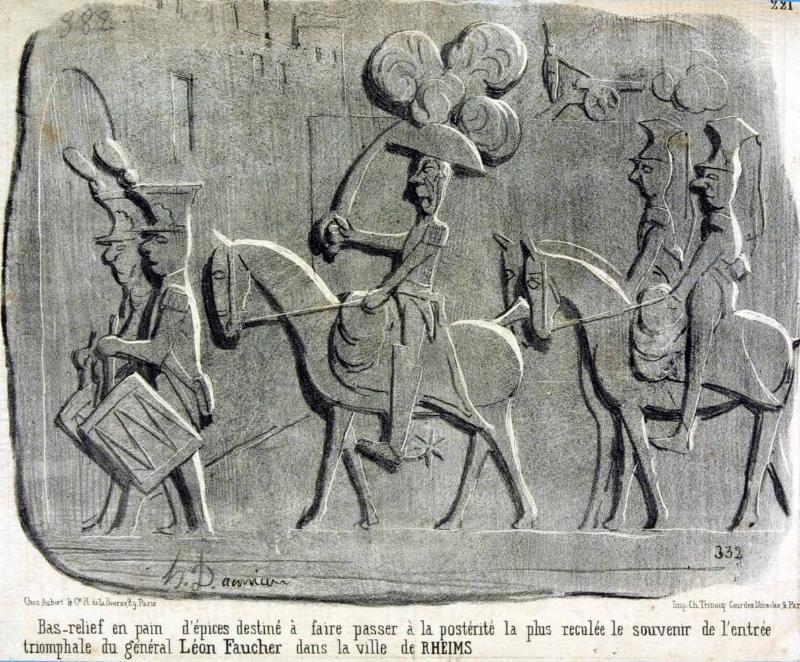 Bas-relief en pain d'épices destiné à faire passer à la postérité la plus reculée le souvenir de l'entrée triomphale du général Léon Faucher dans la ville de Rheims.