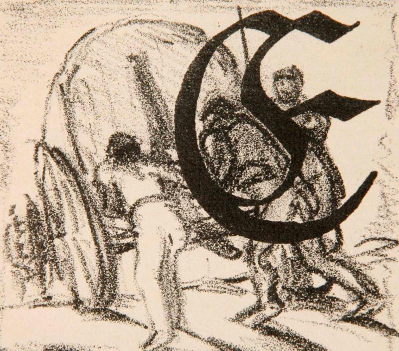 Initial E (Die Wagen werden geschoben) zum 7. Kapitel