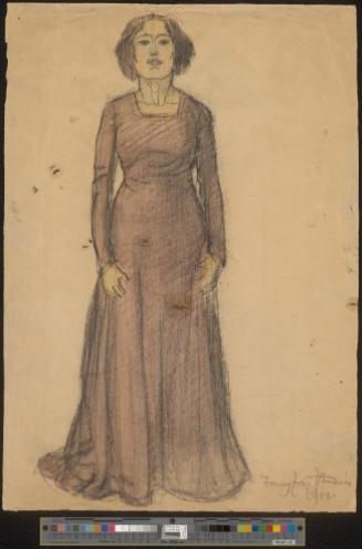 Stehende Dame in lila Kleid