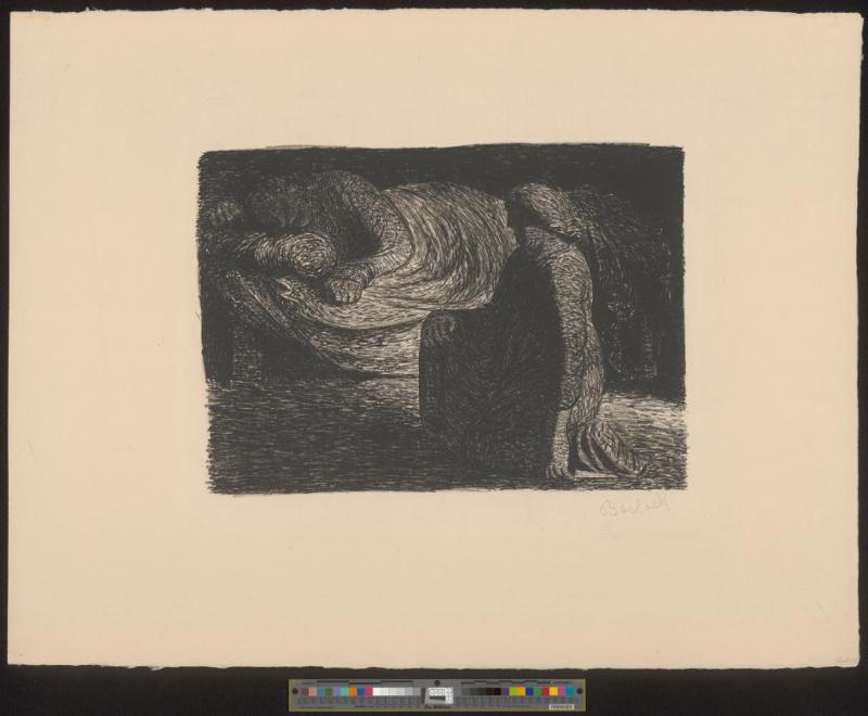Kniende Mutter am Bett des schlafenden Sohnes