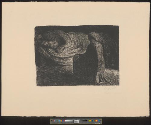 Kniende Mutter am Bett des schlafenden Sohnes