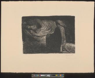 Kniende Mutter am Bett des schlafenden Sohnes