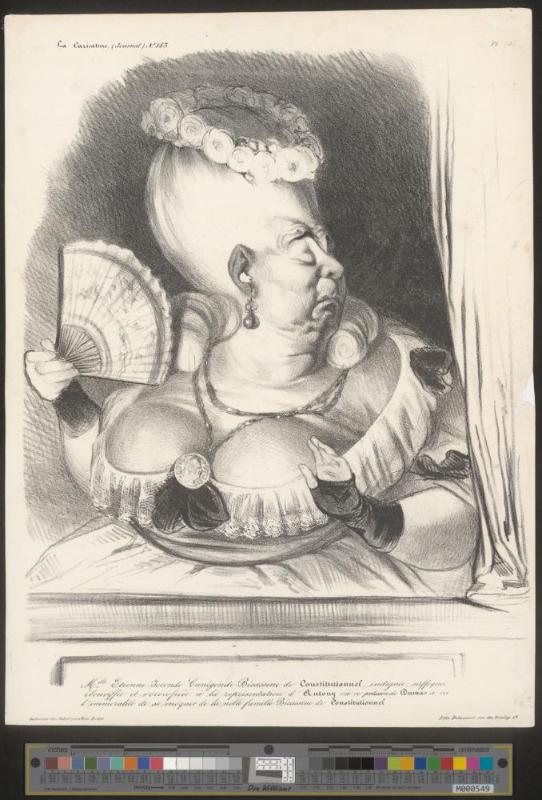 Mlle Etienne-Joconde-Cunégonde-Bécassine de Constitutionnel, indignée, suffoquée ebouriffée et rococofiée à la représentation d'Antony où ce polisson de Dumas a eu l'immoralité de se moquer de la noble famille Bécassine de Constitutionnel.