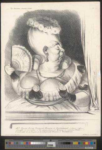 Mlle Etienne-Joconde-Cunégonde-Bécassine de Constitutionnel, indignée, suffoquée ebouriffée et rococofiée à la représentation d'Antony où ce polisson de Dumas a eu l'immoralité de se moquer de la noble famille Bécassine de Constitutionnel.