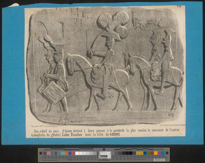 Bas-relief en pain d'épices destiné à faire passer à la postérité la plus reculée le souvenir de l'entrée triomphale du général Léon Faucher dans la ville de Rheims.