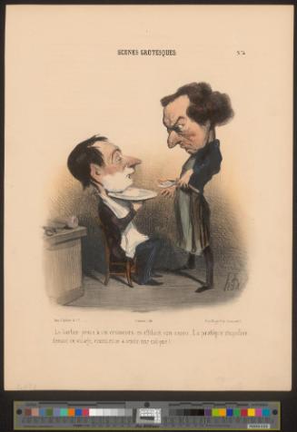 Le barbier pense à ses créanciers en affilant le rasoir. La pratique stupéfiée devant ce visage, commence à sentir une colique !…..
