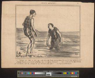 Entrez-donc dans la mer sans crainte, monsieur Potard, vous voyez bien qu'il n'y a pas de danger puisque j'y suis! ... - Madame Potard, si vous aviez lu Buffon, vous seriez moins téméraire....... vous sauriez que c'est dans l'océan que se trouvent deux des animaux les plus terribles de la nature...... les requins et les homards!...