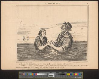 Monsieur le baigneur ...., c'est t'-y vrai qu'il ya des requins à Dieppe ? ... - Parbleu ....... mais c'est bien simple,.... dès qu'on en voit venir un pour vous manger, suffit de s'mettre en travers et alors y n'vous mange pas parce quil a peur de s'étrangler !.......
