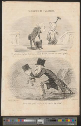 Un solliciteur guettant l'arrivée du sauvage Bineau, ministre des travaux publics. / L'amitié d'un grand homme est un bienfait des dieux! - Surtout un jour de pluie et quand les ruisseaux sont larges.